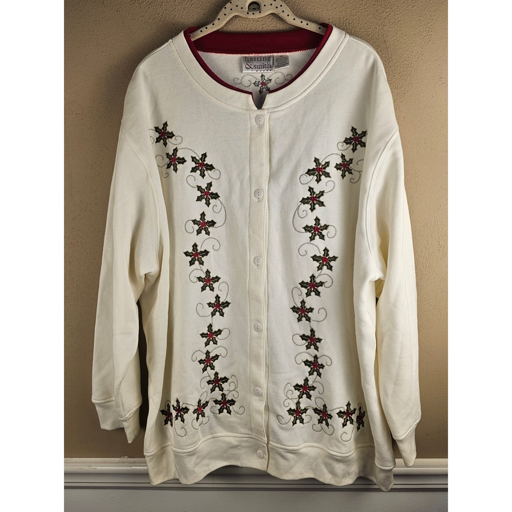 Vintage Hasting & Smith Womens Embroidered Christmas Poinsettia Vine Cardigan 3X